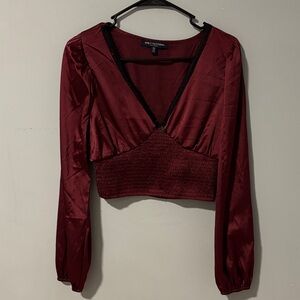 Y2K Satiny Burgundy Long Sleeve Crop Top Whimsigoth Dark Academia